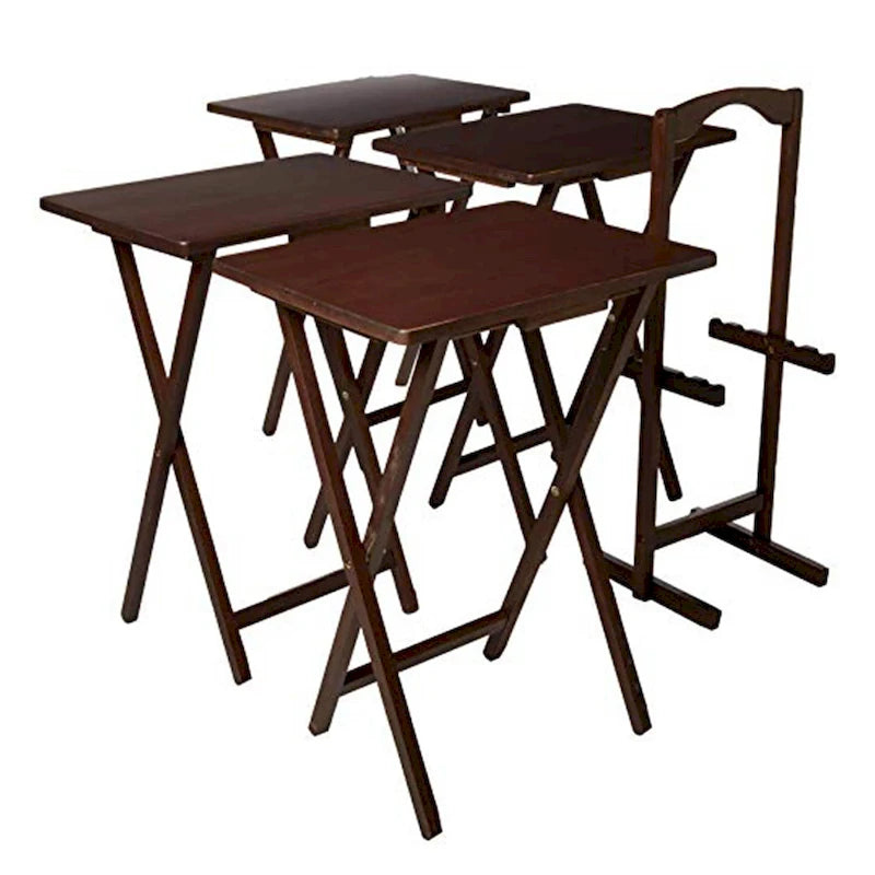 Plateaux de télévision pliants en bois avec support de rangement compact, Espresso, 5 pièces - 36.38